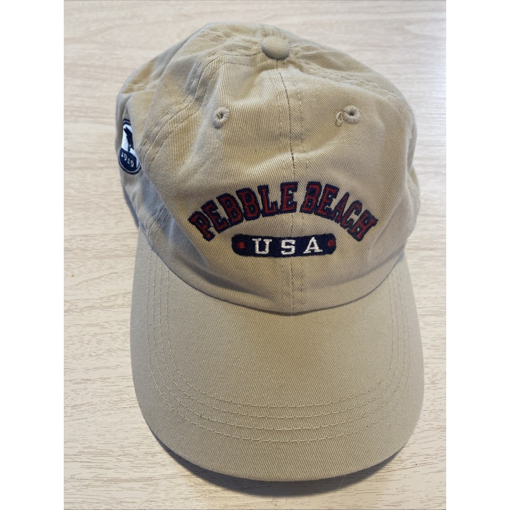 VTG AHEAD Pebble Beach USA Hat Cap Strap Back Beige OSFA‎ Adjustable Classic Cut